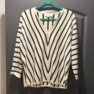 V-Neck Striped Sweater - Black and Cream